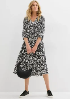 bonprix bonprix Vestido midi de viscosa fluida Negro-blanco lana estampado Best