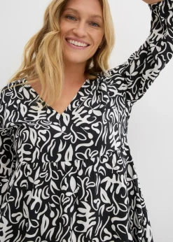 bonprix bonprix Vestido midi de viscosa fluida Negro-blanco lana estampado Best