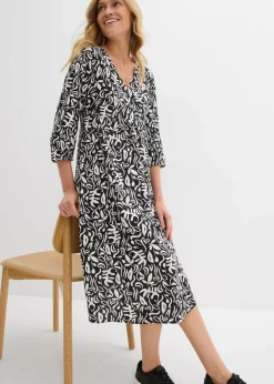 bonprix bonprix Vestido midi de viscosa fluida Negro-blanco lana estampado Best
