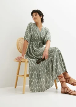 bonprix bonprix Vestido midi de viscosa fluida Verde oscuro-beige arena Online