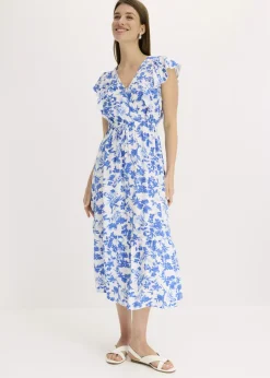 bonprix bonprix Vestido midi de viscosa fluida blanco-azul glaciar Discount