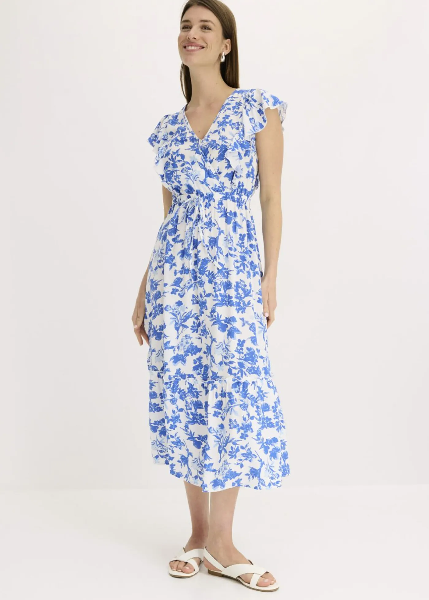 bonprix bonprix Vestido midi de viscosa fluida blanco-azul glaciar Discount