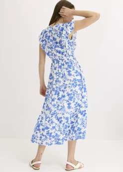 bonprix bonprix Vestido midi de viscosa fluida blanco-azul glaciar Discount