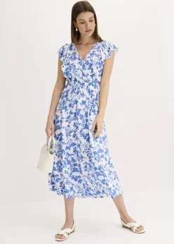 bonprix bonprix Vestido midi de viscosa fluida blanco-azul glaciar Discount