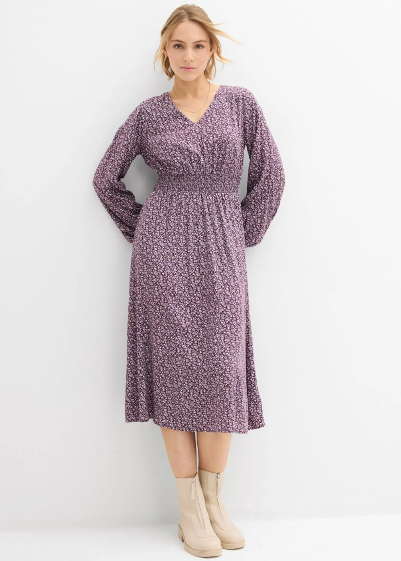 bonprix bonprix Vestido midi de viscosa fluida rojo burdeos-blanco lana-gris plata-musgo mate
