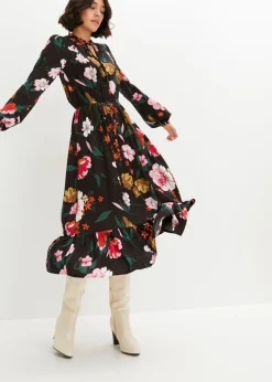 bonprix bonprix Vestido midi de viscosa fluida Negro de flores Online
