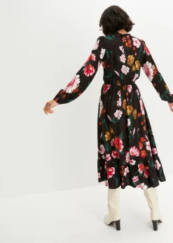 bonprix bonprix Vestido midi de viscosa fluida Negro de flores Online