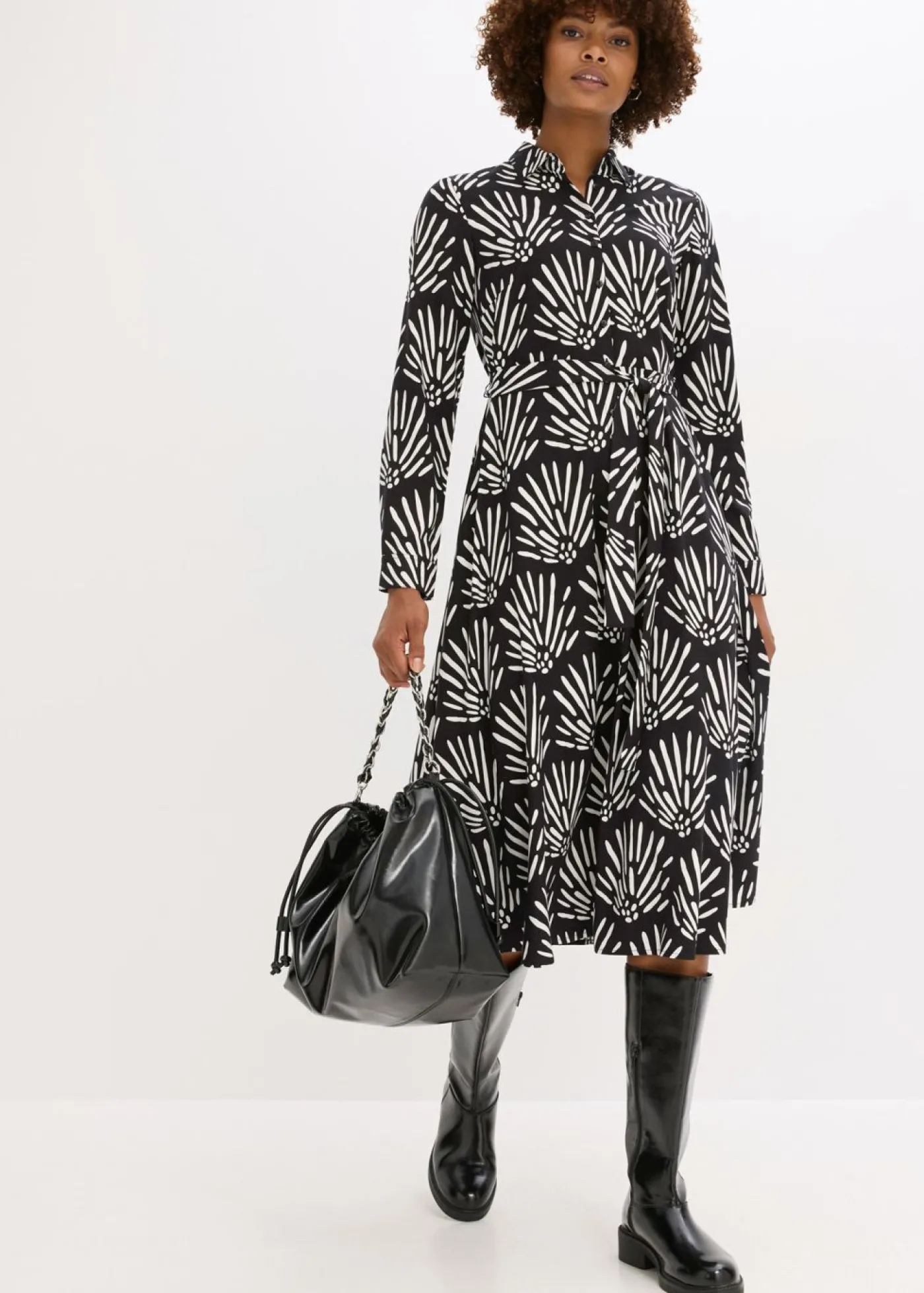 bonprix bonprix Vestido midi de viscosa fluida Negro-blanco Clearance