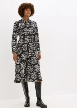 bonprix bonprix Vestido midi de viscosa fluida Negro-blanco Clearance