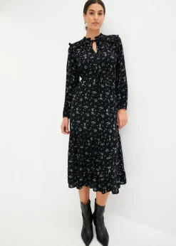 bonprix bonprix Vestido midi de viscosa pura Negro de flores New