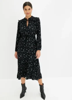 bonprix bonprix Vestido midi de viscosa pura Negro de flores New