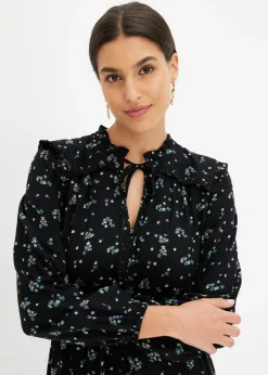 bonprix bonprix Vestido midi de viscosa pura Negro de flores New