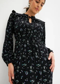 bonprix bonprix Vestido midi de viscosa pura Negro de flores New