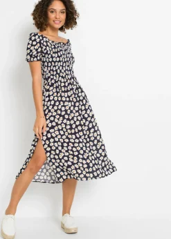 bonprix bonprix Vestido midi de viscosa pura azul marino con flores