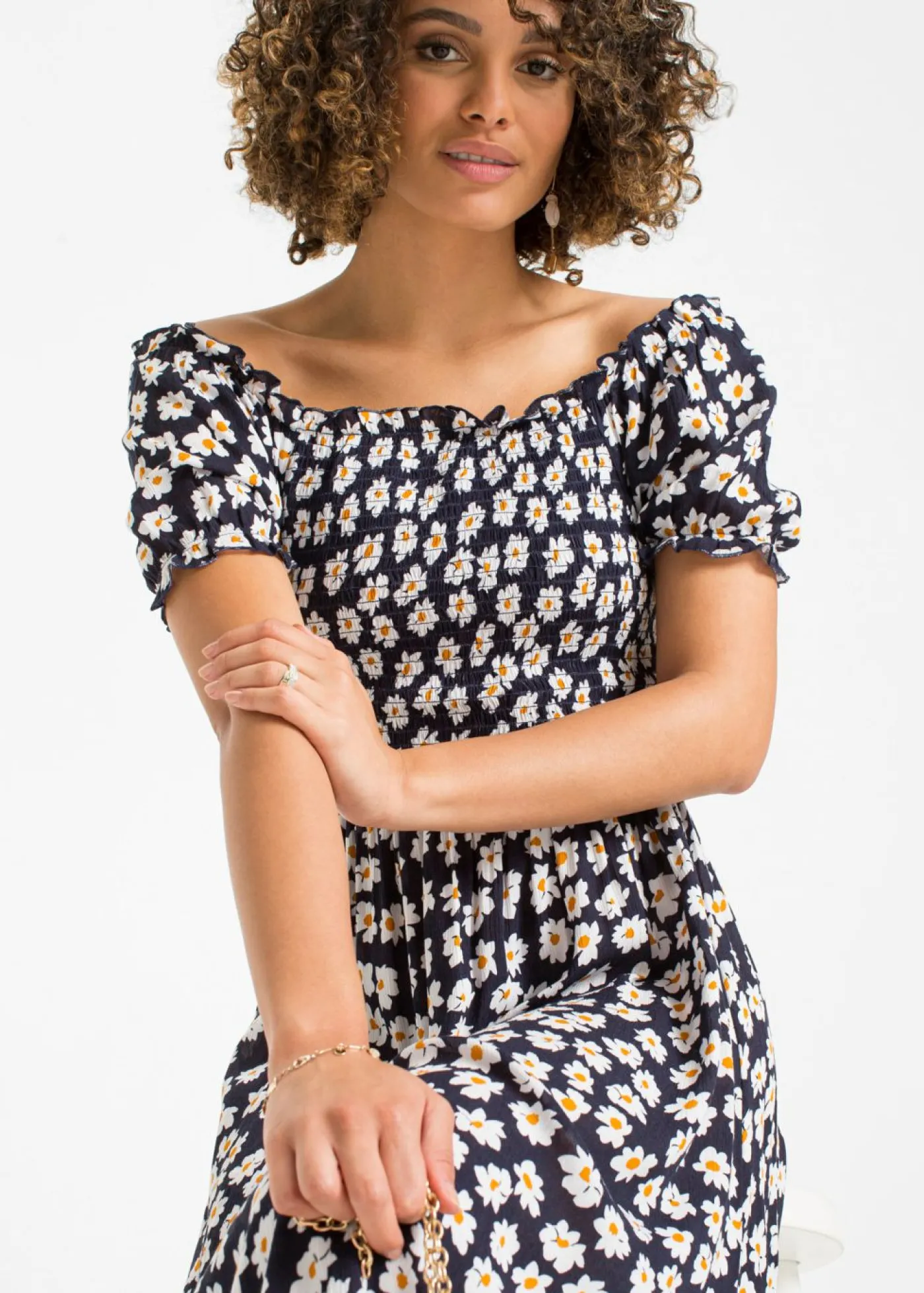 bonprix bonprix Vestido midi de viscosa pura azul marino con flores