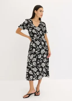 bonprix bonprix Vestido midi estampado negro-blanco con flores Sale