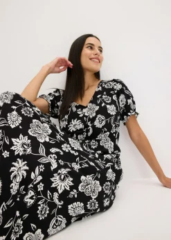 bonprix bonprix Vestido midi estampado negro-blanco con flores Sale