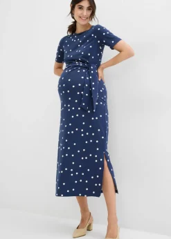 bonprix bonprix Vestido midi premamá de punto de algodón orgánico azul marino-blanco lana topos Outlet