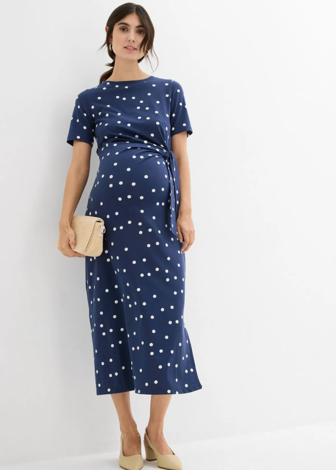 bonprix bonprix Vestido midi premamá de punto de algodón orgánico azul marino-blanco lana topos Outlet