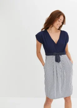 bonprix bonprix Vestido peplum con lazo en la cintura Azul marino-blanco de rayas Sale