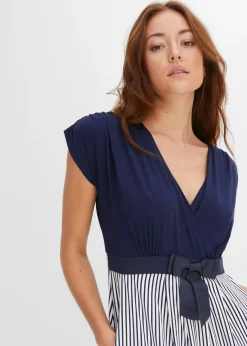 bonprix bonprix Vestido peplum con lazo en la cintura Azul marino-blanco de rayas Sale