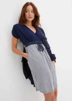bonprix bonprix Vestido peplum con lazo en la cintura Azul marino-blanco de rayas Sale