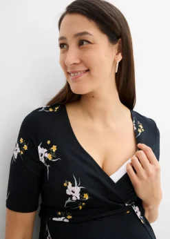 bonprix bonprix Vestido premamá/de lactancia de viscosa suave negro-frambuesa con flores Clearance