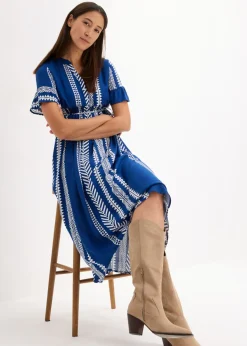 bonprix bonprix Vestido premamá/de lactancia 2 en 1 de viscosa fluida Blanco-azul real con estampado gráfico