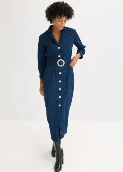 bonprix bonprix Vestido tipo americana con falda acampanada Azul marino-índigo claro Outlet