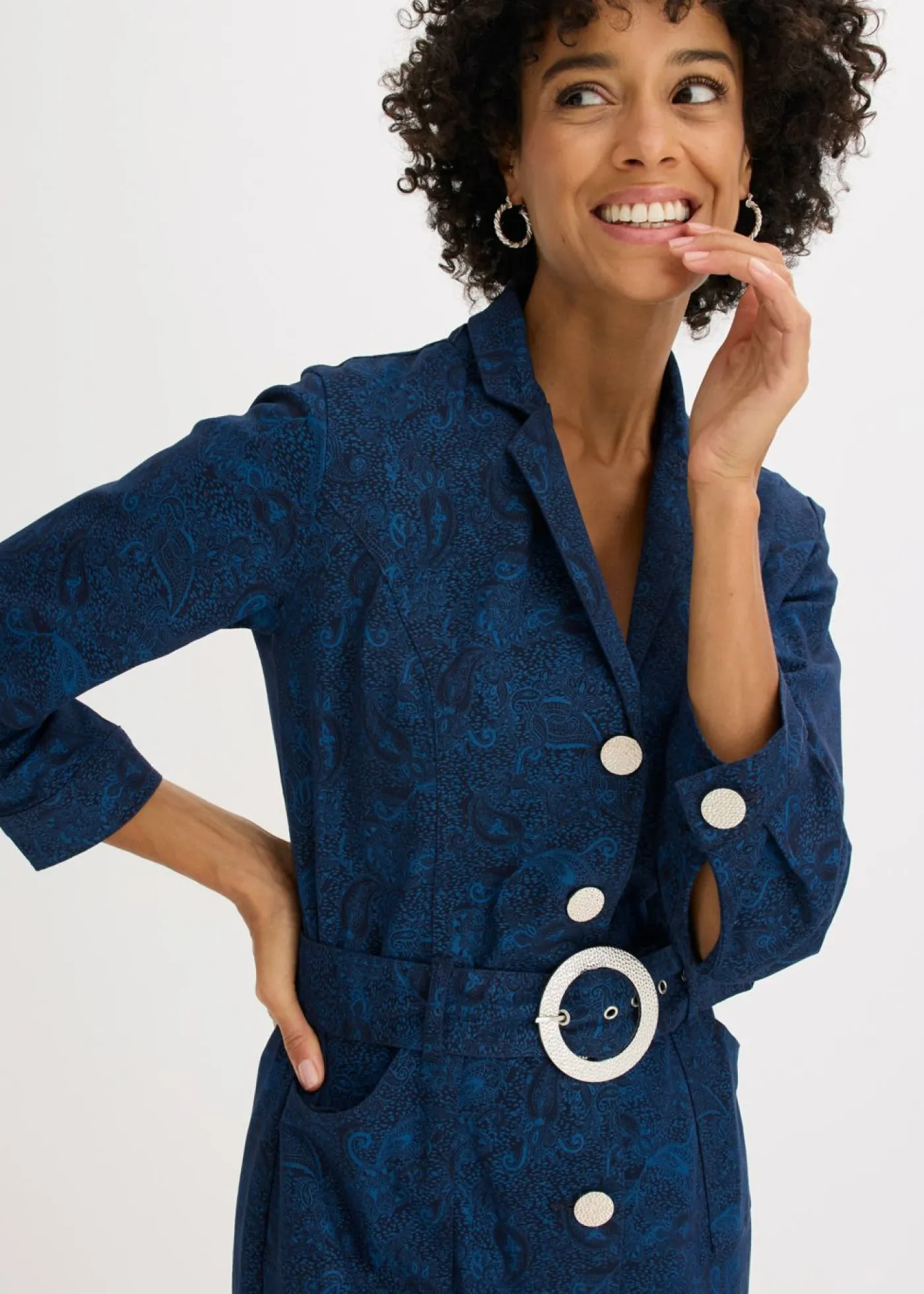 bonprix bonprix Vestido tipo americana con falda acampanada Azul marino-índigo claro Outlet