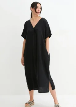 bonprix bonprix Vestido tipo caftán de lino puro Negro Sale