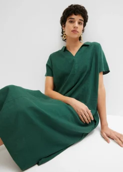 bonprix bonprix Vestido tipo caftán de mezcla ligera de viscosa y lino Verde oscuro Clearance