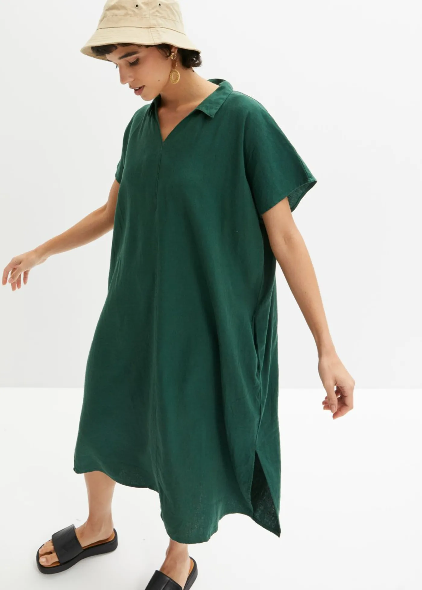 bonprix bonprix Vestido tipo caftán de mezcla ligera de viscosa y lino Negro Outlet