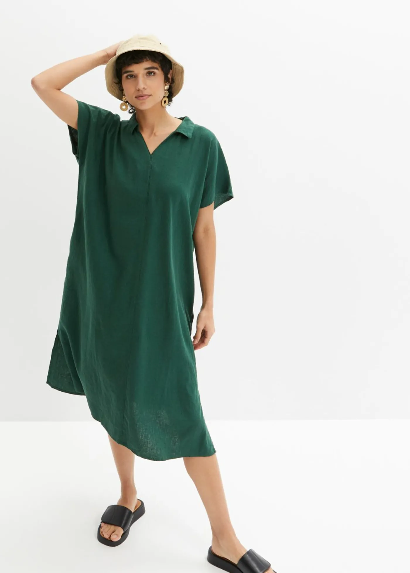 bonprix bonprix Vestido tipo caftán de mezcla ligera de viscosa y lino Negro Outlet
