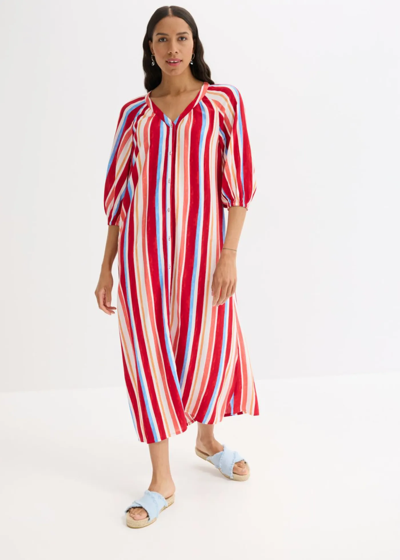 bonprix bonprix Vestido tipo caftán de viscosa estructurada de rayas rojo amapola-salmón claro-blanco con rayas Clearance