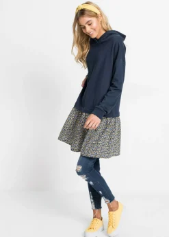 bonprix bonprix Vestido tipo sudadera con aspecto 2 en 1 Azul-amarillo New