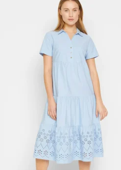 bonprix bonprix Vestido tipo túnica de algodón puro con bordado calado Azul perla Discount