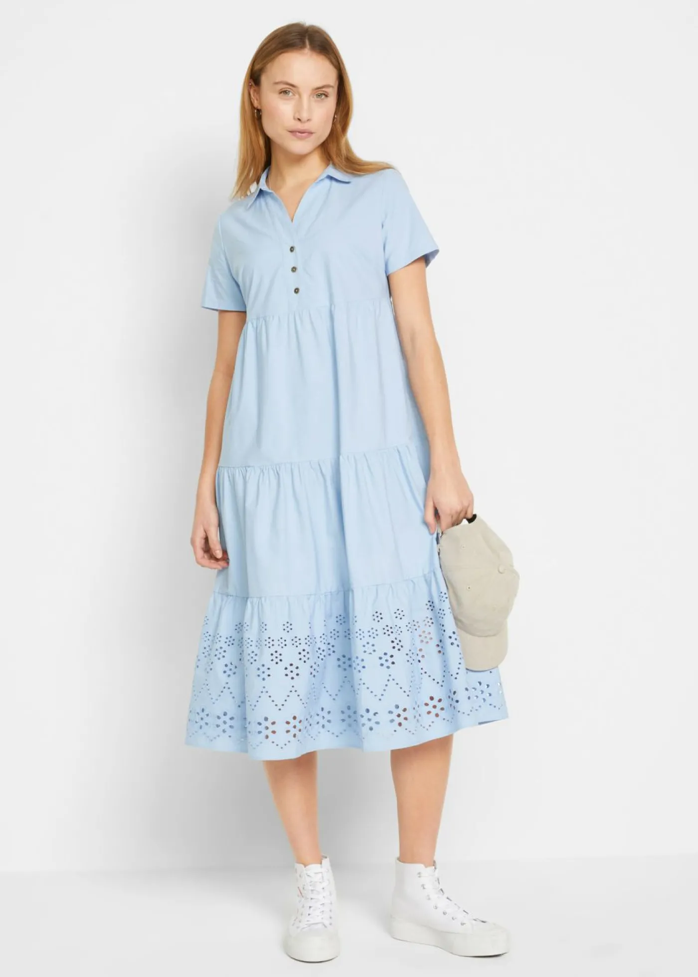 bonprix bonprix Vestido tipo túnica de algodón puro con bordado calado Azul perla Discount