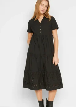 bonprix bonprix Vestido tipo túnica de algodón puro con bordado calado Negro Online