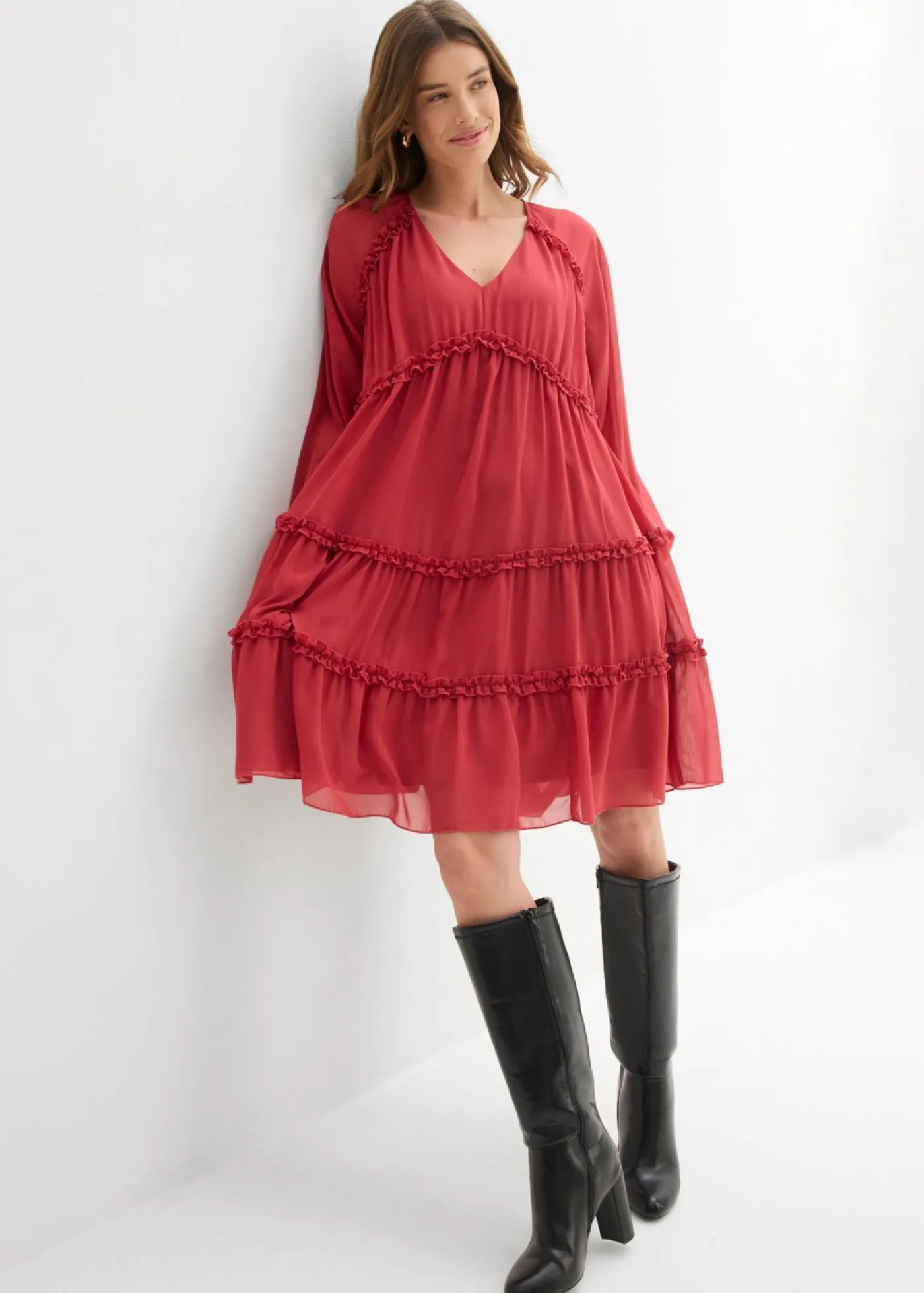 bonprix bonprix Vestido tipo túnica de gasa estructurada Cereza Discount