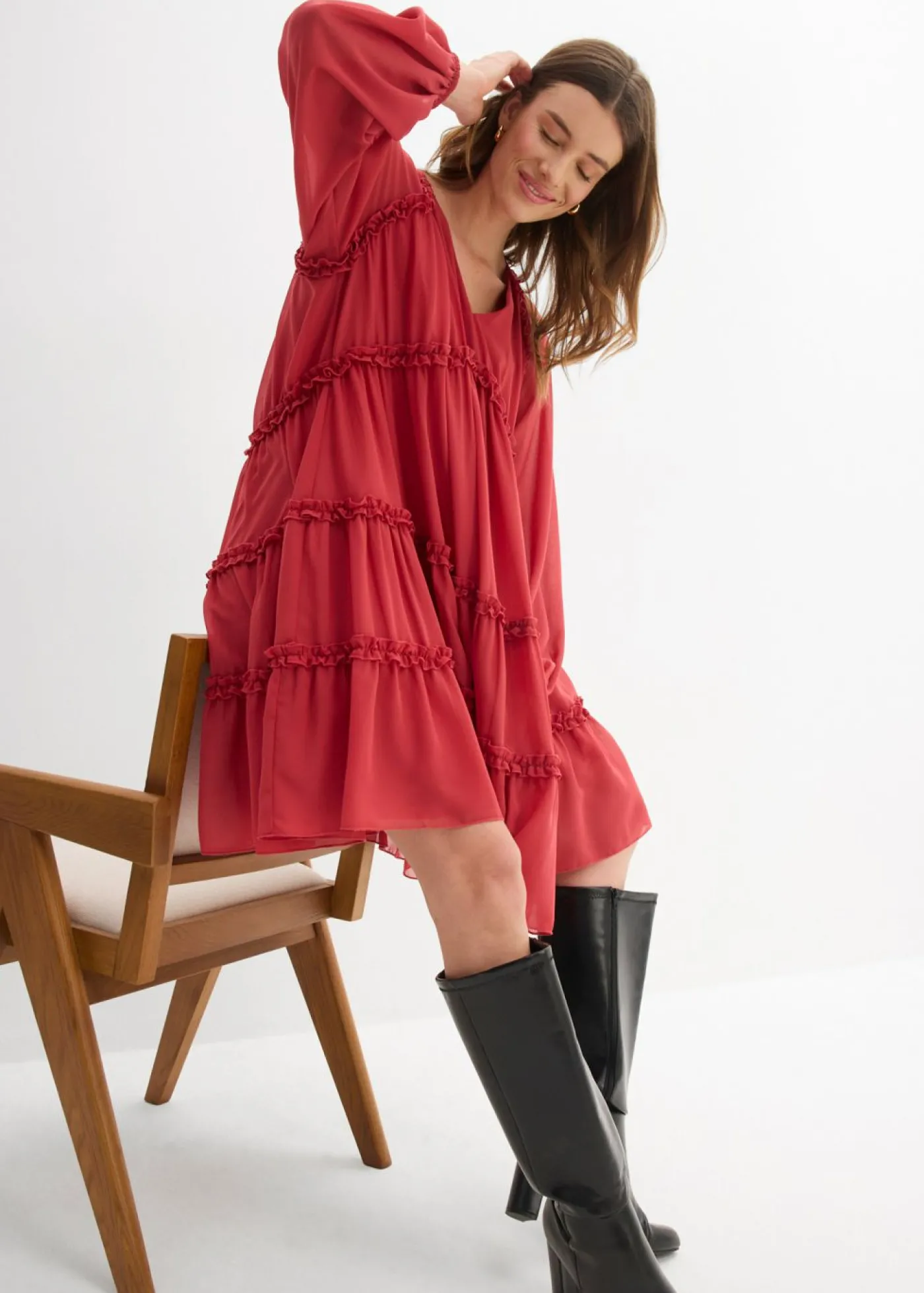 bonprix bonprix Vestido tipo túnica de gasa estructurada Cereza Discount