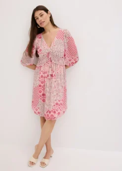bonprix bonprix Vestido tipo túnica de malla estampada rosa caliente Sale