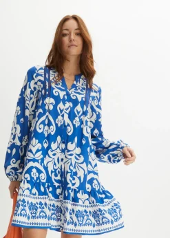 bonprix bonprix Vestido tipo túnica de viscosa fluida azur/blanco con estampado gráfico