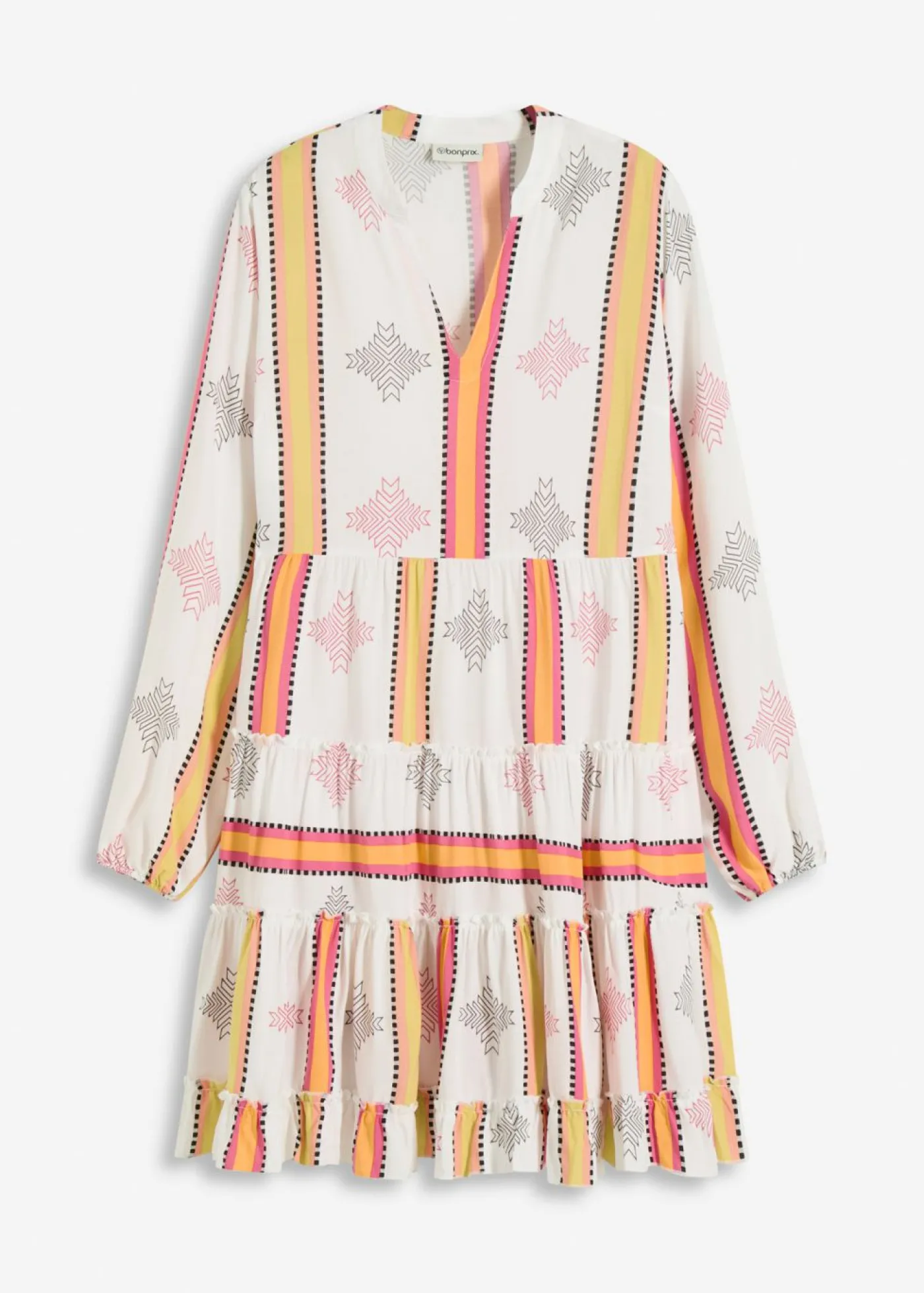bonprix bonprix Vestido tipo túnica de viscosa fluida Blanco lana-naranja estampado Online