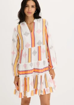 bonprix bonprix Vestido tipo túnica de viscosa fluida Blanco lana-naranja estampado Online