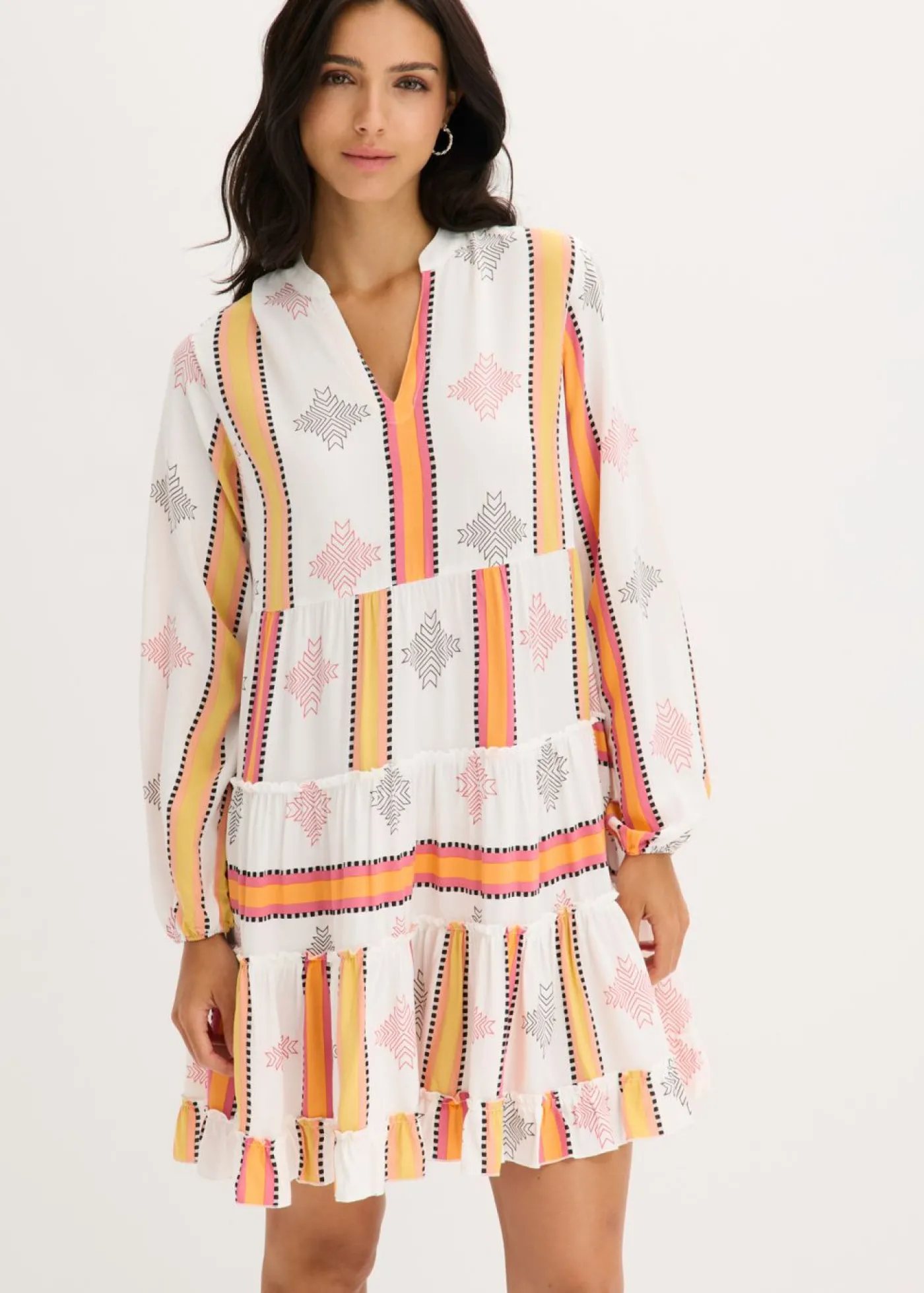bonprix bonprix Vestido tipo túnica de viscosa fluida Blanco lana-naranja estampado Online