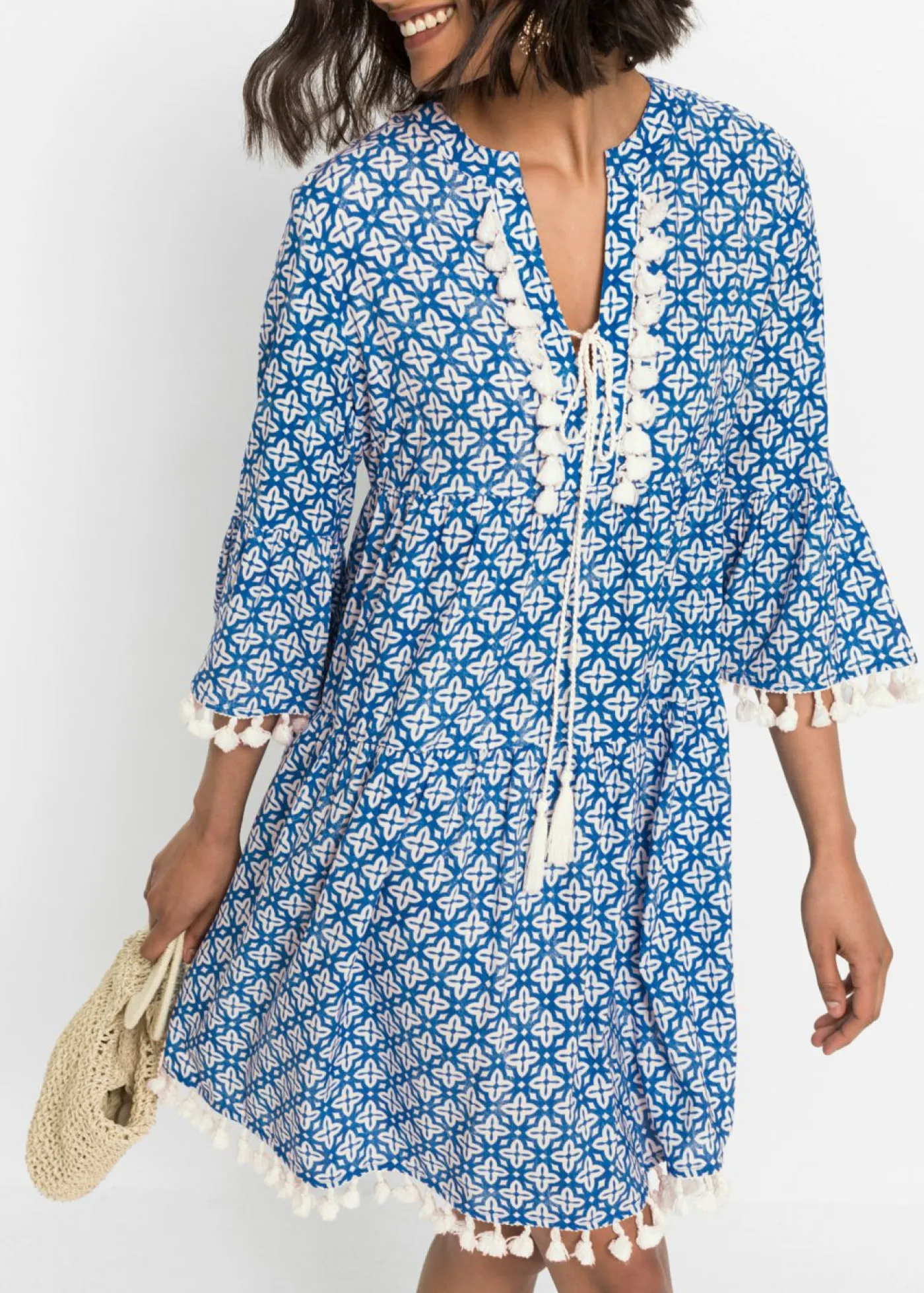 bonprix bonprix Vestido tipo túnica de viscosa suave Azul-blanco lana estampado Hot