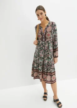 bonprix bonprix Vestido tipo túnica de viscosa fluida, talla petite Negro Hot