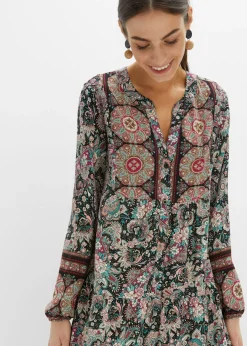bonprix bonprix Vestido tipo túnica de viscosa fluida, talla petite Negro Hot