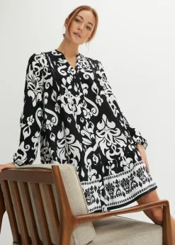 bonprix bonprix Vestido tipo túnica de viscosa fluida Negro-blanco con estampado gráfico Outlet